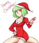  1girl bangs candy_cane christmas dress fur_trim green_hair hair_ornament hairclip hand_on_hip hat merry_christmas red_dress red_eyes sack santa_hat short_hair sitting_on_object small_breasts solo 