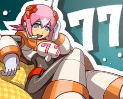  1girl blue_eyes blush_stickers bodysuit hairpods headset nana_(rockman) napo pink_hair robot robot_girl rockman rockman_x 