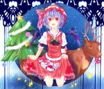  1girl bat_wings blue_hair blush bow christmas christmas_tree fang hat hat_bow open_mouth red_eyes reindeer remilia_scarlet shikke_(1877944) short_hair touhou wings 