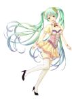  1girl collar corset green_eyes green_hair hatsune_miku high_heels highres long_hair open_mouth punyoko simple_background skirt solo thighhighs twintails very_long_hair vocaloid white_background 