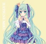  1girl ahoge blush character_name collar crown dress elbow_gloves gloves green_eyes green_hair hair_ribbon hand_on_own_chest hatsune_miku headset inugahora_an long_hair looking_at_viewer outstretched_arm ribbon smile solo strapless_dress twintails very_long_hair vocaloid yellow_background 