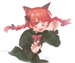  1girl animal_ears bespectacled bow braid cat_ears extra_ears glasses hair_bow kaenbyou_rin long_sleeves pine red_eyes redhead simple_background smile solo touhou twin_braids white_background 