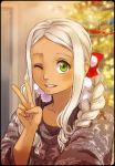  1girl ;) braid christmas_lights christmas_ornaments christmas_tree dark_skin green_eyes meago original ribbon solo sweater v white_hair wink 