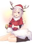  1girl animal_ears blue_eyes christmas gift gloves hat highres horn la-na original santa_costume santa_hat solo white_hair wink 