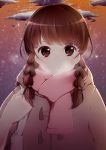  1girl absurdres braid brown_eyes brown_hair clouds cold fuu_(07199382) highres jacket long_hair original scarf sky solo twin_braids winter winter_clothes 