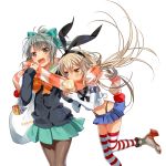  2girls anchor blonde_hair bow brown_eyes eating elbow_gloves food gloves grey_hair hairband kantai_collection long_hair multiple_girls murakami_yuichi navel open_mouth pantyhose personification ponytail scarf shared_scarf shimakaze_(kantai_collection) short_hair simple_background skirt striped striped_legwear thighhighs white_background white_gloves yuubari_(kantai_collection) 