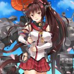  1girl antennae bare_shoulders blue_sky brown_eyes brown_hair cannon clouds detached_sleeves flower hair_flower hair_ornament kantai_collection long_hair looking_at_viewer machinery oriental_umbrella personification petals ponytail rasahan shirt skirt sky smile solo umbrella very_long_hair yamato_(kantai_collection) 