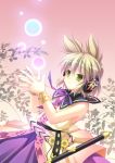  1girl arms_up belt bracelet facing_away gradient gradient_background headphones jewelry leaf leaf_background leaning_back light_brown_hair light_particles light_smile looking_up ribbon skirt sleeveless sleeveless_shirt solo sword takatsukasa_yue touhou toyosatomimi_no_miko weapon yellow_eyes 