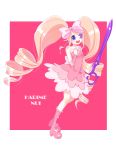  1girl :d blonde_hair blue_eyes boots bow dress drill_hair earrings eyepatch frills harime_nui headshot heart highres jewelry kill_la_kill long_hair name_tag open_mouth ribbon scissor_blade smile solo 