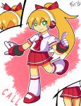  1girl alternate_costume blonde_hair call_(mighty_no._9) call_(natsume_yuuji) gloves green_eyes headphones highres kneehighs mighty_no._9 ponytail school_uniform scrunchie shoutaro_saito skirt smile solo 