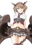  1girl brown_hair chain gloves green_eyes hairband kantai_collection looking_at_viewer machinery midriff mound_of_venus mutsu_(kantai_collection) navel personification short_hair solo takeshisu thighhighs 