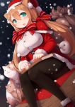  1girl animal_ears black_legwear book boots breasts brown_hair cat cat_ears dutch_angle green_eyes hat highres large_breasts long_hair low_twintails pantyhose sack santa_hat sitting smile snowing solo twintails zenn 