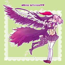  2girls akemi_homura akuma_homura argyle argyle_legwear black_hair closed_eyes elbow_gloves gloves hair_ribbon hat highres kaname_madoka kiss long_hair mahou_shoujo_madoka_magica mahou_shoujo_madoka_magica_movie multiple_girls pink_hair ribbon santa_hat short_hair sweater tears thighhighs watanabe_ignica white_legwear wings wink 