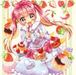  1girl cake food fruit highres long_hair original pink_eyes pink_hair solo strawberry urara_(sumairuclover) 