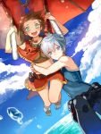  1boy 1girl amy_(suisei_no_gargantia) brown_hair buun_ko couple glider green_eyes highres hug ledo_(suisei_no_gargantia) short_hair silver_hair suisei_no_gargantia violet_eyes 