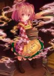  1girl apron bell book boots character_name checkered clothes_writing cross-laced_footwear hair_bell hair_ornament japanese_clothes lace-up_boots motoori_kosuzu pi-pie red_eyes redhead smile smoke touhou 