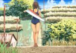  1girl ass blue_sky blush body_mahattaya_ginga brown_hair building clouds dressing farm grass ground i-401_(kantai_collection) kantai_collection landscape one-piece_swimsuit personification ponytail power_lines scenery school_swimsuit short_hair sky swimsuit tree 