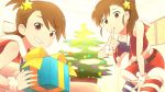  2girls brown_eyes brown_hair christmas futami_ami futami_mami gift grin idolmaster kogitsune multiple_girls siblings side_ponytail smile striped_legwear thighhighs twins 