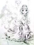  1girl alice_margatroid book bow capelet closed_eyes dress frilled_dress frills grimoire hair_bow hairband hexagram holding holding_book kneeling lakestep55 magic_circle pages shanghai_doll sitting smile solo star_of_david stool touhou traditional_media 