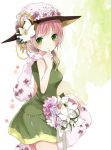  blush bouquet brown_hair chin_rest dress flower green_eyes hat original rano8 smile 