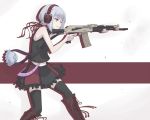  1girl ak-74 assault_rifle black_legwear boots grey_eyes grey_hair gun headphones original rifle rin_yu_shijin short_hair skirt solo thighhighs weapon wink 