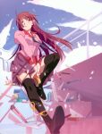  absurdres bakemonogatari blush boxcutter highres legs long_hair necktie purple_hair school_uniform scissors senjougahara_hitagi sitting skirt solo stapler stationery thigh-highs violet_eyes wind zettai_ryouiki 