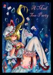  alice_(pixiv) alice_in_wonderland blonde_hair card crossover cup flandre_scarlet floating_card garters hat highres legs mary_janes pocket_watch ponytail red_eyes shoes short_hair side_ponytail solo teacup thigh-highs thighhighs touhou watch wings 
