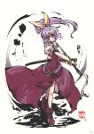  belt highres katana ponytail purple_hair red_eyes ribbon sword tokiame touhou watatsuki_no_yorihime weapon 