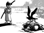  child corpse crow fundoshi geta itaio katana monochrome nippori_honsha original rural solo sword weapon 