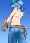  1girl back belt blue_background blue_eyes blue_hair blush glove_pull gloves hair_bobbles hair_ornament hammer hat highres iromeki_overdrive kawashiro_nitori pants pouch short_hair simple_background solo spine tank_top touhou twintails 