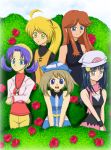  5girls bandana black_dress blonde_hair blue_(pokemon) blue_eyes blue_hair crystal_(pokemon) dress hat long_hair nintendo odamaki_sapphire platinum_berlitz pokemon pokemon_special short_hair skirt suitekachan yellow_(pokemon) yellow_eyes 