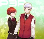  1girl bad_id bandage bandages blush bow brown_hair couple female_protagonist_(persona_3) kida_yu persona persona_3 persona_3_portable sanada_akihiko school_uniform short_hair 