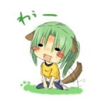  animal_ears black_eyes blush chibi dog_ears green_hair happy higurashi_no_naku_koro_ni jacket jeans long_hair lowres open_mouth pants socks solo sonozaki_mion tail text translation_request 