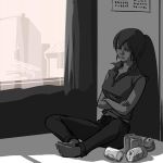  beer can city crossed_arms empty_beer_cans feet itaio meiko monochrome nippori_honsha sad sitting spot_color vocaloid window 