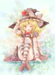  bad_id blonde_hair braid hat hat_tip kirisame_marisa long_hair michii_yuuki socks solo striped striped_socks touhou witch_hat yellow_eyes 