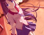  atomix bakemonogatari blue_eyes dutch_angle long_hair monogatari_(series) necktie purple_eyes purple_hair school_uniform senjougahara_hitagi shirt skirt sunset wind 