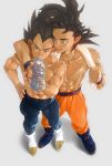  2boys arm_around_shoulder black_hair boots bottle dragon_ball dragon_ball_z drinking highres male multiple_boys muscle open_mouth saiyan shirtless smile son_gokuu sweat vegeta water_bottle 