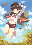  bird brown_hair cloud clouds hat jumping pointy_ears short_hair tiru whistle wink yellow_eyes 