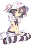  1girl bad_id dai_(uhyoko1102151) facial_mark hat merry_nightmare midriff navel pointy_ears short_hair simple_background sitting skirt solo striped striped_legwear thighhighs wariza white_background yumekui_merry 