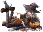  broom candy cat checkerboard_cookie cookie food gloves halloween hat jack-o-lantern kei_(pixiv) kei_kei original pointy_ears pumpkin purple_eyes ribbon silver_hair sitting skirt solo striped thigh-highs thighhighs violet_eyes witch_hat 