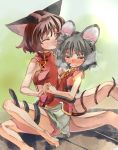  2girls ^_^ animal_ears bare_legs bare_shoulders barefoot blush brown_eyes brown_hair cat_ears cat_tail chen closed_eyes drooling grey_hair heart licking mouse_ears mouse_tail multiple_girls nazrin no_hat no_headwear open_mouth short_hair skirt sleeveless smile tail touhou wavy_mouth yohane yuri 