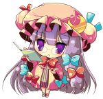  :&lt; bespectacled book bow chibi crescent_moon double_bun glasses hair_bow hat long_hair moon patchouli_knowledge purple_eyes purple_hair shiwasu_horio simple_background solo touhou very_long_hair violet_eyes 