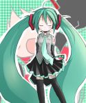  1girl absurdly_long_hair arms_behind_back blush closed_eyes green_hair hatsune_miku necktie shichinose skirt smile solo thighhighs twintails vocaloid 