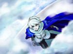   albino cape clouds gloves headset male red_eyes soldier_blue solo staring_up toward_the_terra white_hair  