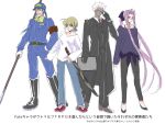  2boys 2girls alternate_costume archer bespectacled blonde_hair blue_hair casual fate/stay_night fate_(series) glasses kmanami2494 lancer long_coat long_hair multiple_boys multiple_girls polearm ponytail purple_hair rider rough saber sheath sheathed spear translation_request weapon white_hair 