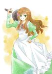  bad_id brown_hair chinako_(pixiv719850) flower frying_pan green_eyes hair_flower hair_ornament hand_on_hip hungary_(hetalia) long_hair smile 