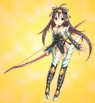  bow_(weapon) brown_eyes brown_hair choker detached_sleeves elf leotard long_hair pointy_ears poporon smile weapon 