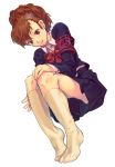  bow brown_eyes brown_hair feet female_protagonist_(persona_3) from_below hair_ornament hairclip highres motiko persona persona_3 persona_3_portable sitting smile socks solo 