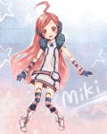  ameiro android belt boots dress earmuffs face gloves headphones headset kneehighs miki_(vocaloid) red_eyes red_hair redhead robot_joints sf-a2_miki smile socks solo star striped striped_gloves striped_kneehighs thighhighs very_long_hair vocaloid wrist_cuffs 