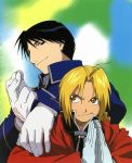  ahoge black_hair blonde_hair edward_elric fullmetal_alchemist gloves highres male multiple_boys roy_mustang yellow_eyes 